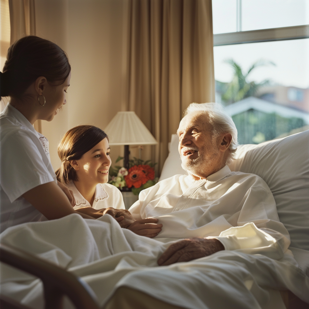 Grandfather receiving hospace care at home by a nurse and daughter by his side in Utah County