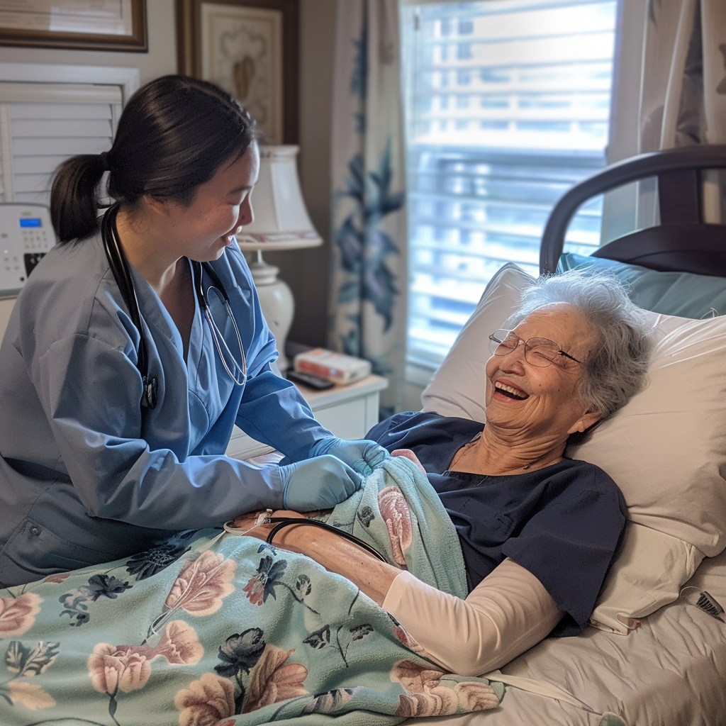 Hospace Nurse helping take care of an elderly grandmother